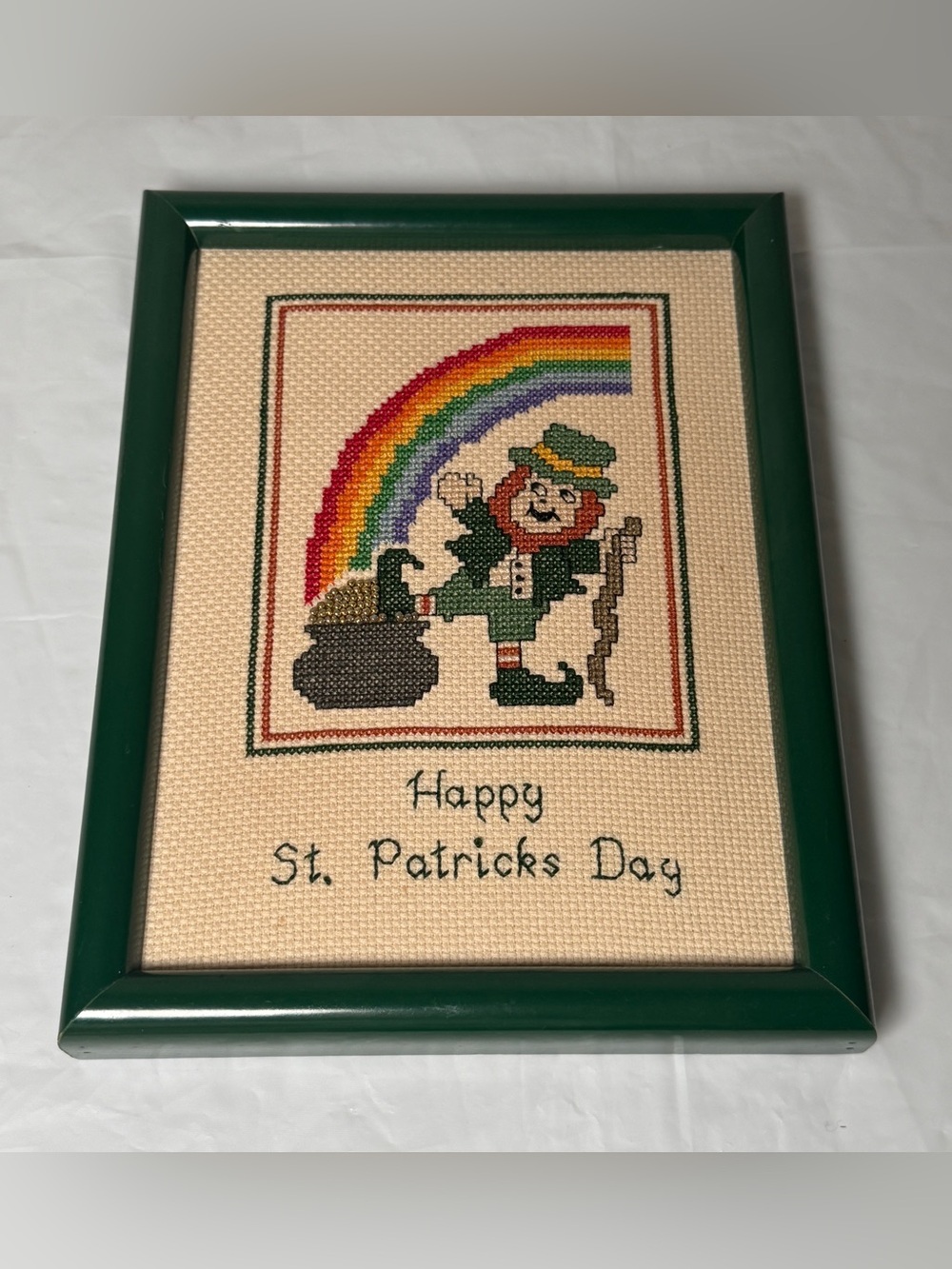 Completed Cross Stitch Happy St. Patrick’s Day Rainbow Leprechaun Pot Of Gold